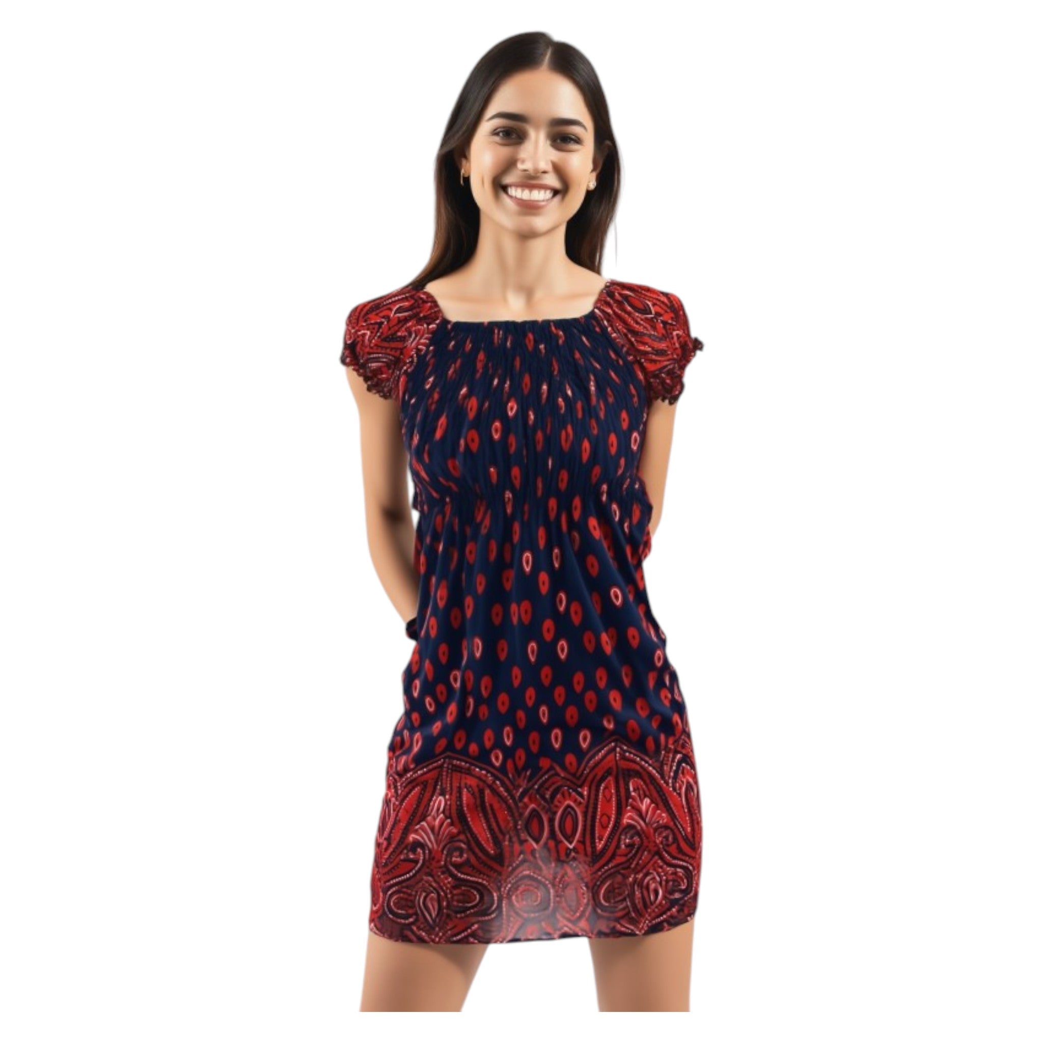 Women's red and blue tropical print summer dress with flutter sleeves – lightweight casual beachwear outfit